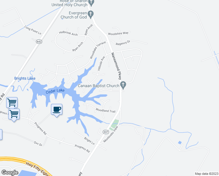 map of restaurants, bars, coffee shops, grocery stores, and more near 2009 Timberlake Drive in Suffolk