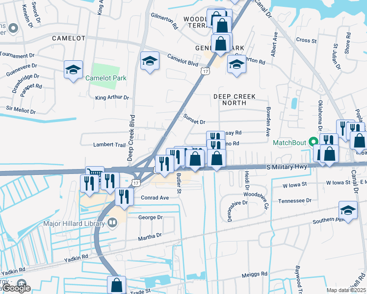 map of restaurants, bars, coffee shops, grocery stores, and more near 2527 Lofurno Road in Chesapeake