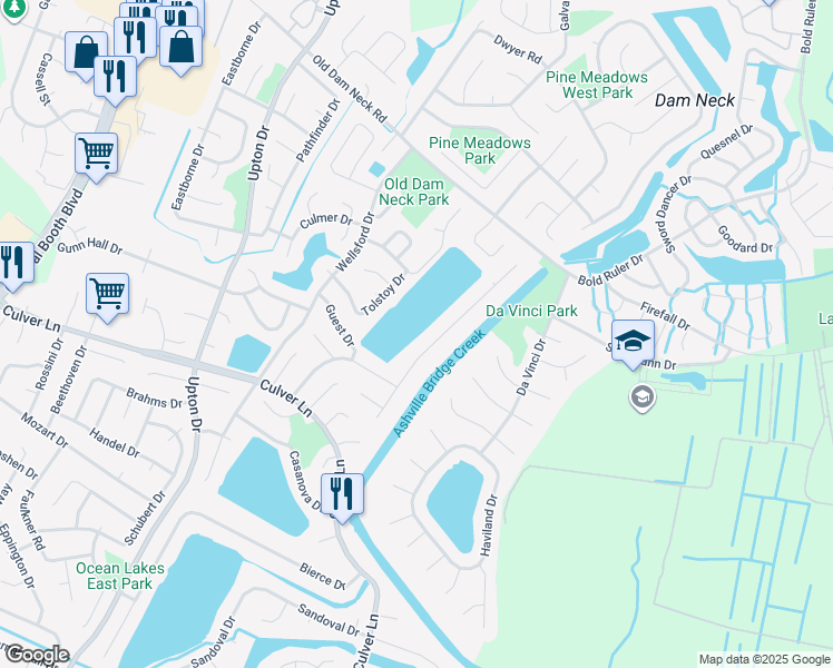map of restaurants, bars, coffee shops, grocery stores, and more near 1833 Bernstein Drive in Virginia Beach