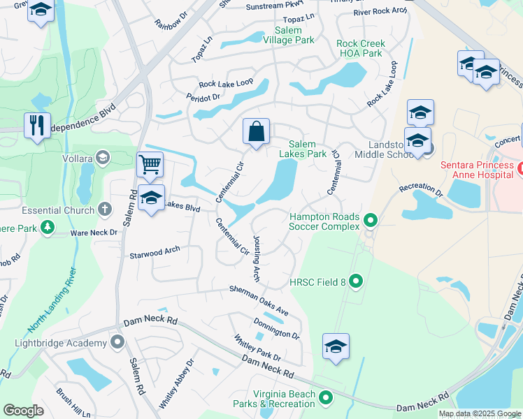 map of restaurants, bars, coffee shops, grocery stores, and more near 3836 Jousting Arch in Virginia Beach