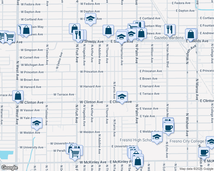 map of restaurants, bars, coffee shops, grocery stores, and more near 35 East Harvard Avenue in Fresno