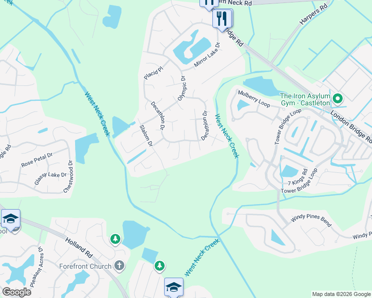 map of restaurants, bars, coffee shops, grocery stores, and more near 1909 Dannemora Drive in Virginia Beach