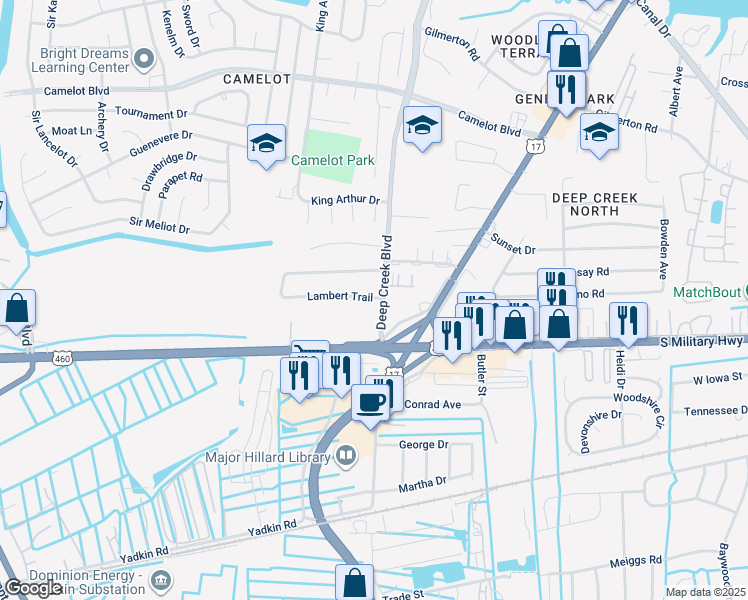 map of restaurants, bars, coffee shops, grocery stores, and more near 916 Deep Creek Boulevard in Chesapeake