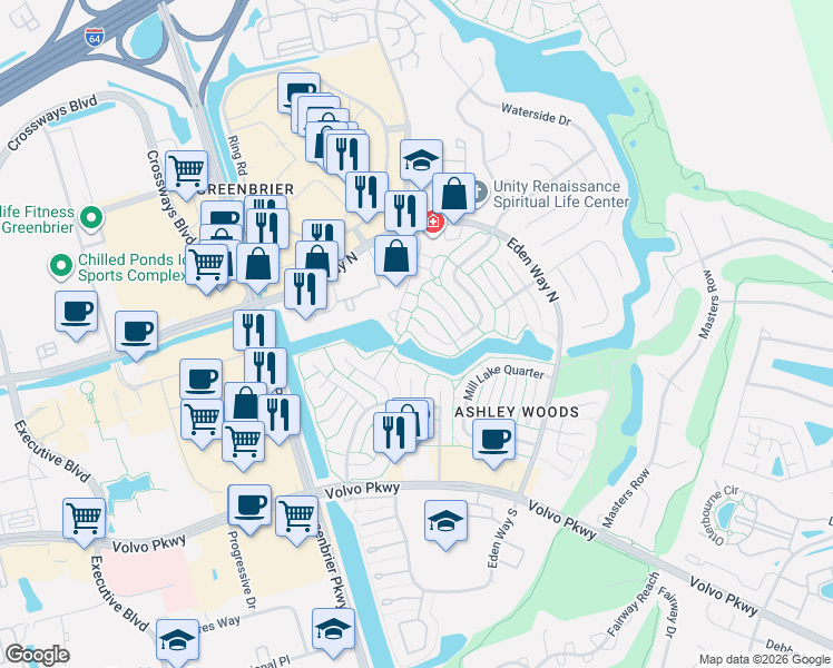 map of restaurants, bars, coffee shops, grocery stores, and more near 1303 Cypress Place in Chesapeake