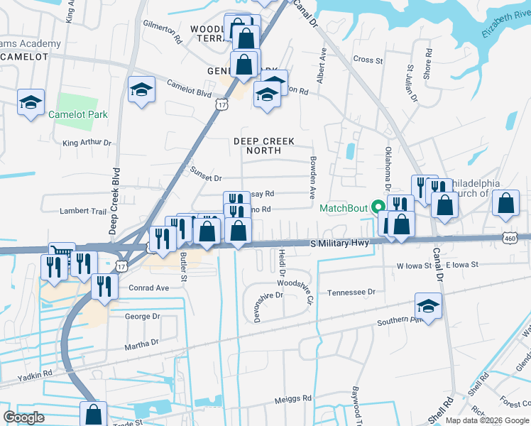 map of restaurants, bars, coffee shops, grocery stores, and more near 2425 Lofurno Road in Chesapeake
