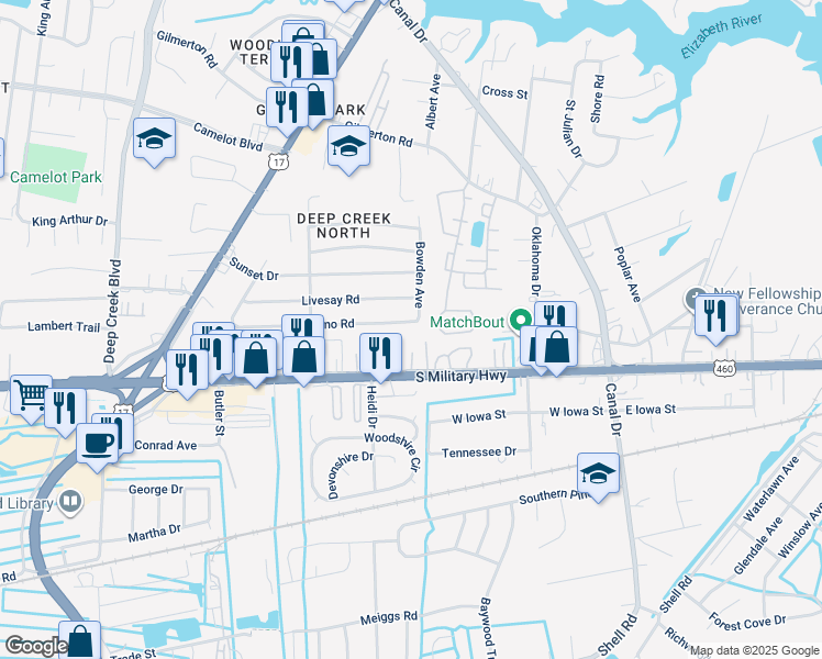 map of restaurants, bars, coffee shops, grocery stores, and more near 2403 Lofurno Road in Chesapeake