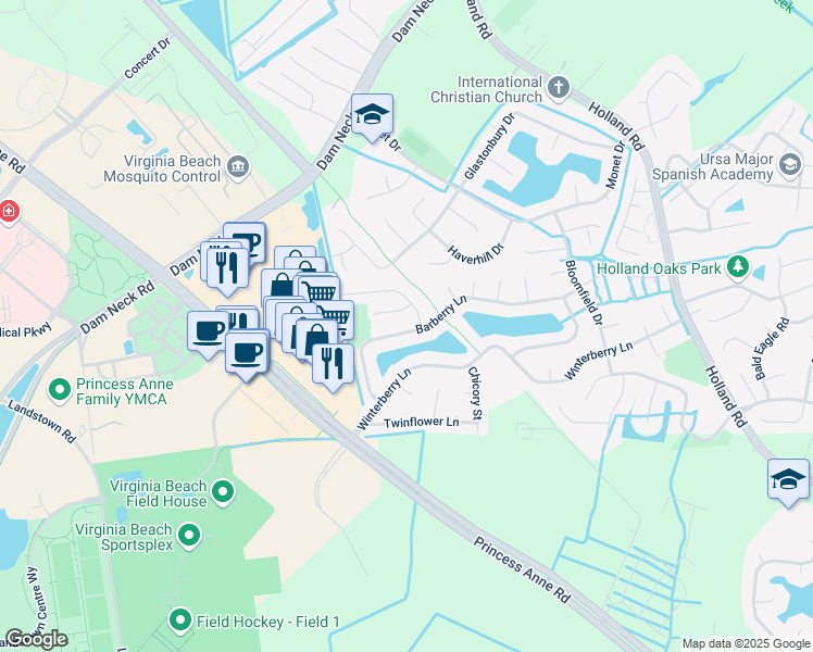 map of restaurants, bars, coffee shops, grocery stores, and more near 3228 Barberry Lane in Virginia Beach