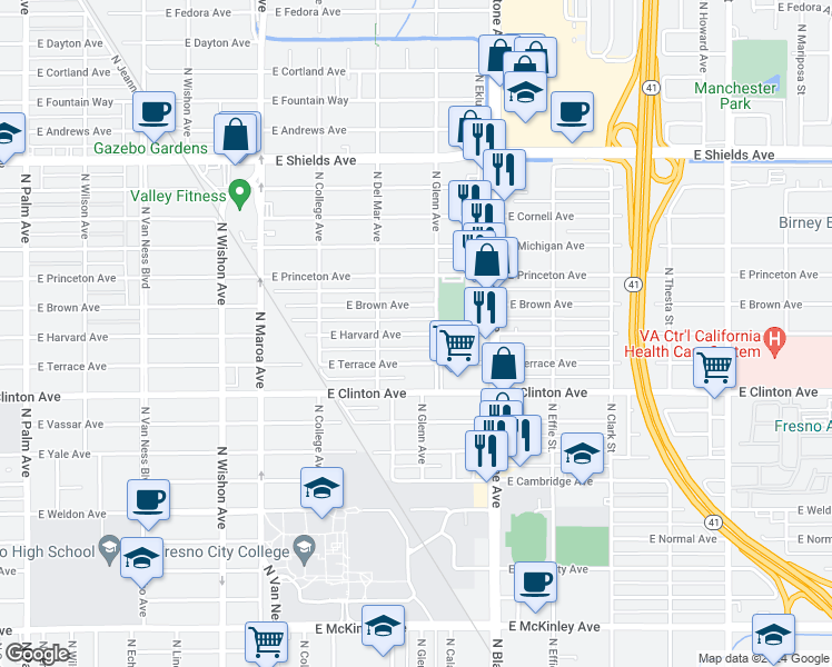 map of restaurants, bars, coffee shops, grocery stores, and more near 1417 East Harvard Avenue in Fresno