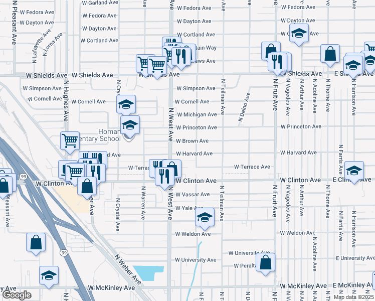 map of restaurants, bars, coffee shops, grocery stores, and more near 1136 West Harvard Avenue in Fresno
