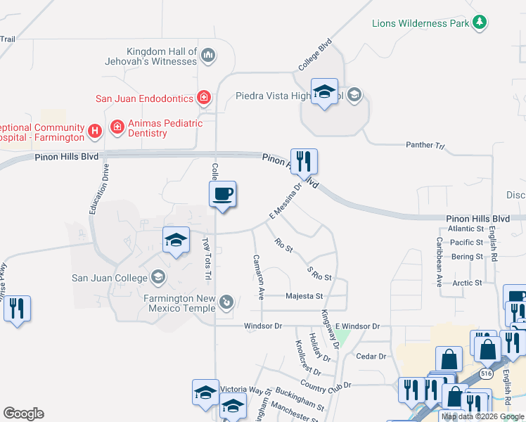 map of restaurants, bars, coffee shops, grocery stores, and more near East Messina Drive in Farmington