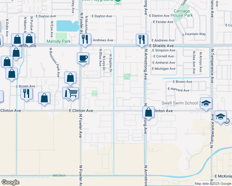 map of restaurants, bars, coffee shops, grocery stores, and more near 6259 East Harvard Avenue in Fresno