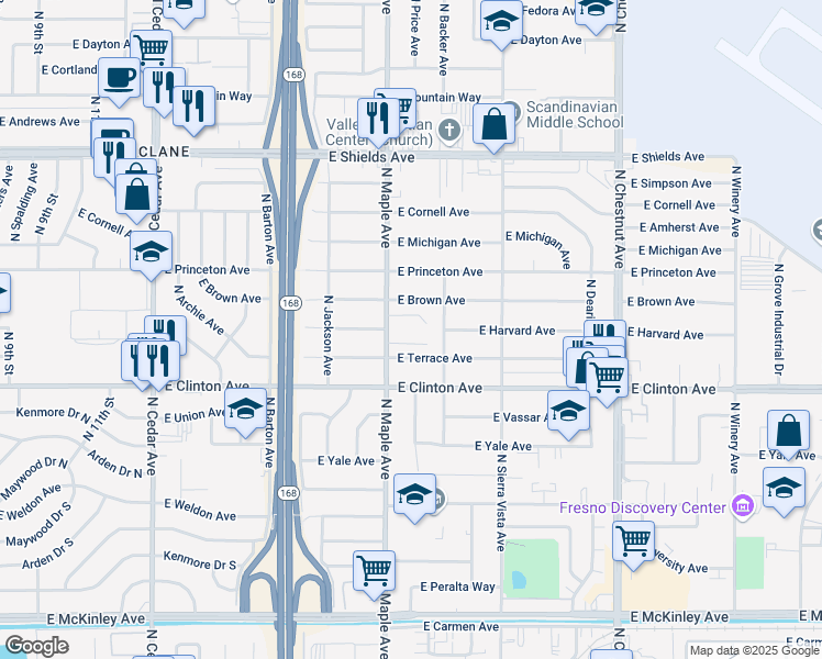map of restaurants, bars, coffee shops, grocery stores, and more near 2562 North Maple Avenue in Fresno