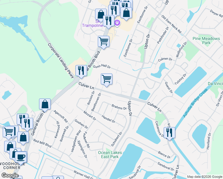 map of restaurants, bars, coffee shops, grocery stores, and more near 1166 Culver Lane in Virginia Beach