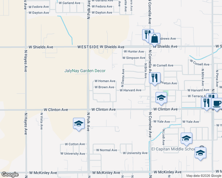 map of restaurants, bars, coffee shops, grocery stores, and more near 5311 West Brown Avenue in Fresno