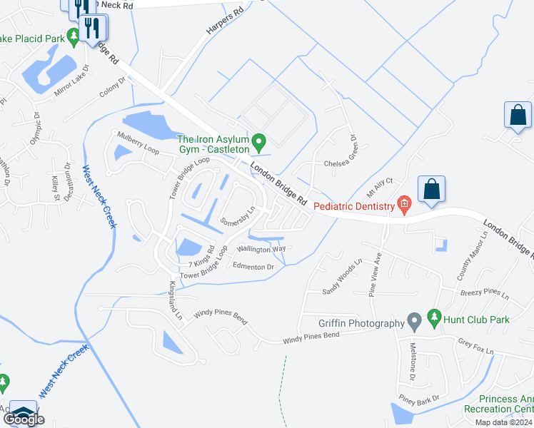 map of restaurants, bars, coffee shops, grocery stores, and more near 2368 Covent Garden Road in Virginia Beach