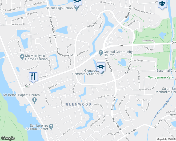 map of restaurants, bars, coffee shops, grocery stores, and more near 1345 Dalsbury Lane in Virginia Beach