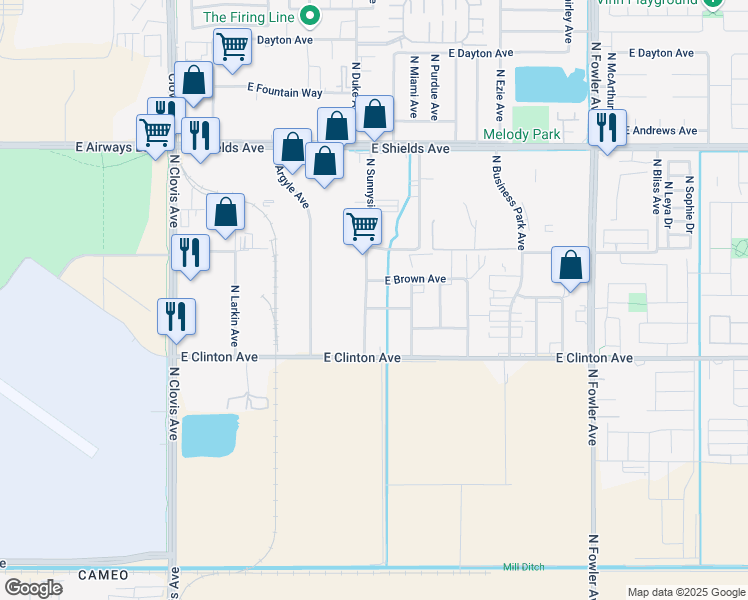 map of restaurants, bars, coffee shops, grocery stores, and more near 5800-5810 East Harvard Avenue in Fresno