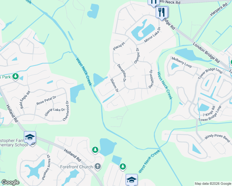 map of restaurants, bars, coffee shops, grocery stores, and more near 1847 Slalom Drive in Virginia Beach
