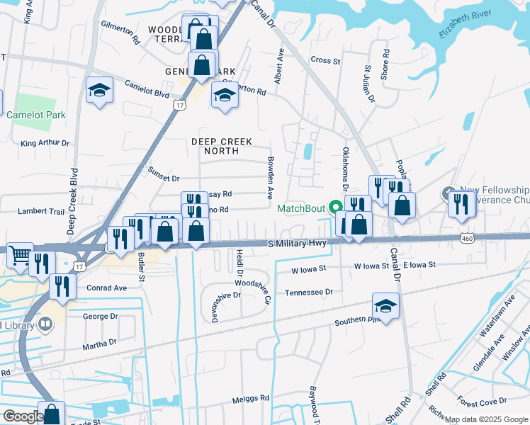 map of restaurants, bars, coffee shops, grocery stores, and more near 2403 Lofurno Road in Chesapeake