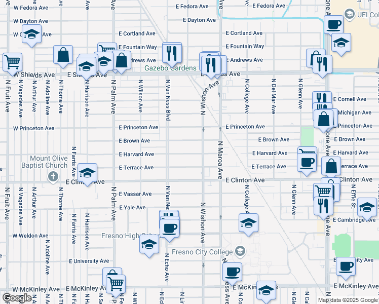 map of restaurants, bars, coffee shops, grocery stores, and more near 715 East Harvard Avenue in Fresno