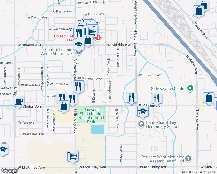 map of restaurants, bars, coffee shops, grocery stores, and more near 2519 N Marty Ave in Fresno