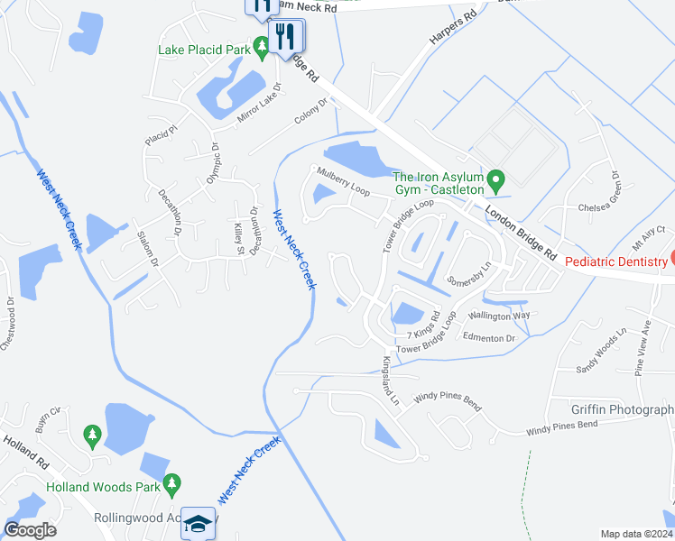 map of restaurants, bars, coffee shops, grocery stores, and more near 2613 Penshurst Way in Virginia Beach