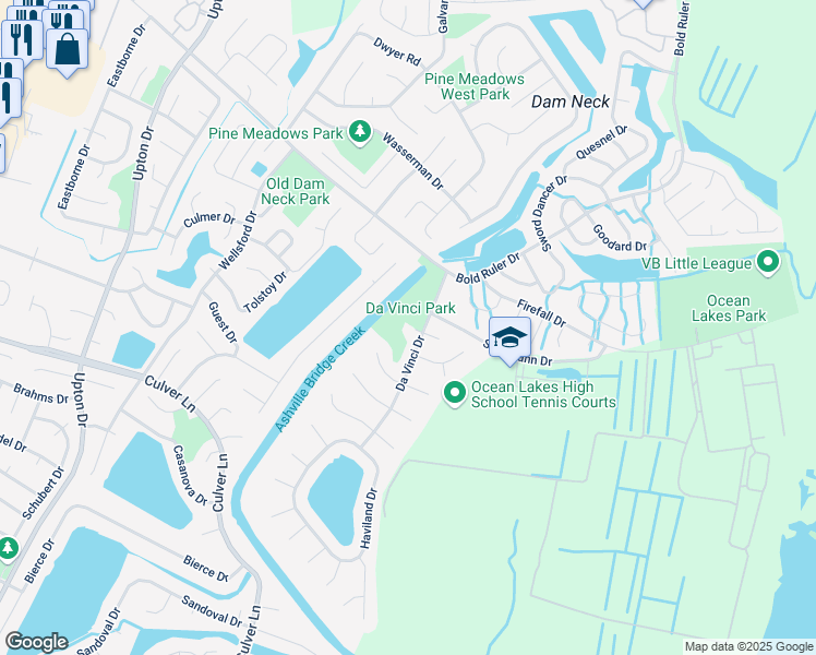 map of restaurants, bars, coffee shops, grocery stores, and more near 1705 Da Vinci Drive in Virginia Beach