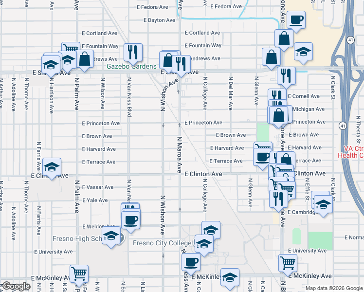 map of restaurants, bars, coffee shops, grocery stores, and more near 2554 North Maroa Avenue in Fresno