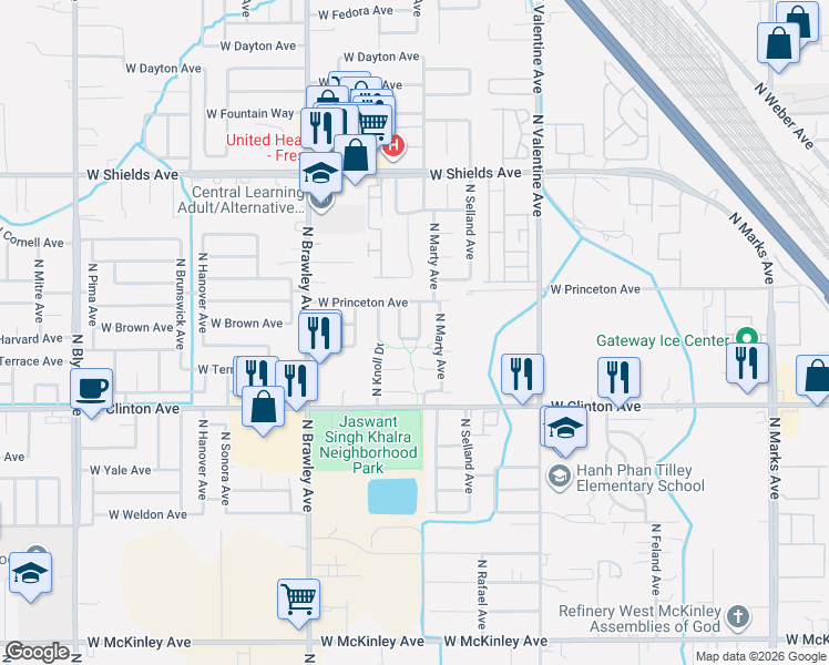 map of restaurants, bars, coffee shops, grocery stores, and more near 2519 North Marty Avenue in Fresno