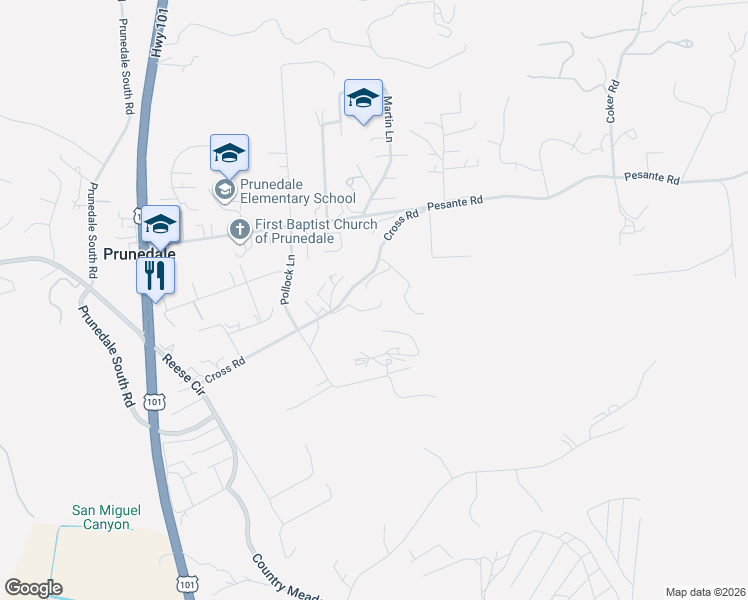 map of restaurants, bars, coffee shops, grocery stores, and more near 17596 Cross Road in Salinas