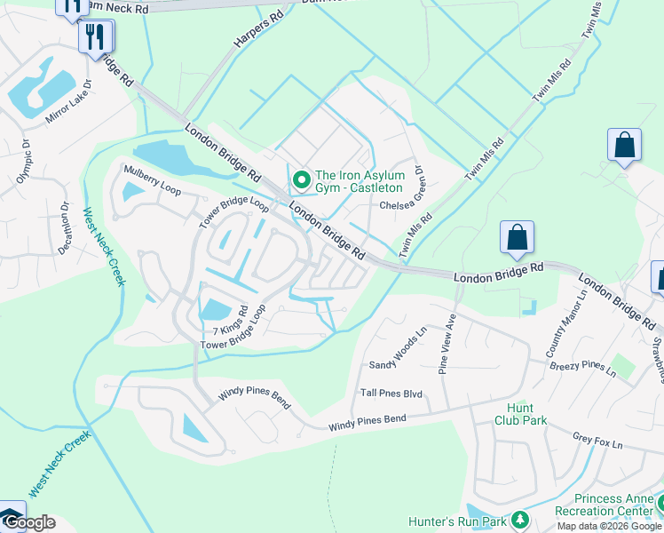 map of restaurants, bars, coffee shops, grocery stores, and more near 1844 Riddlesworth Drive in Virginia Beach