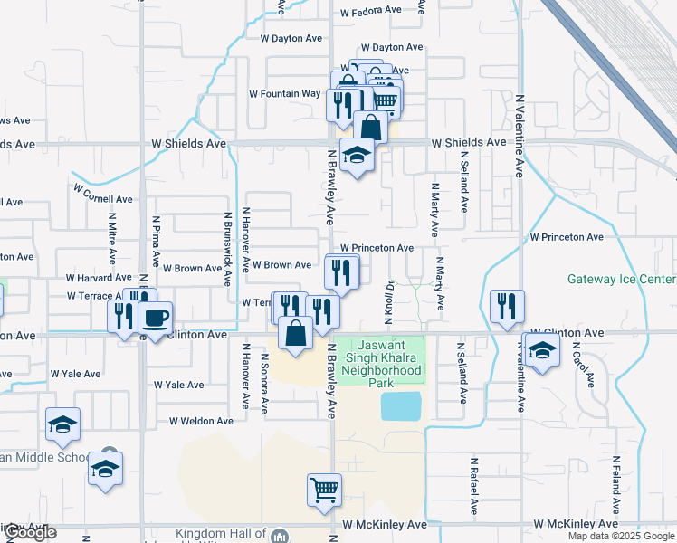 map of restaurants, bars, coffee shops, grocery stores, and more near 3798 West Harvard Avenue in Fresno