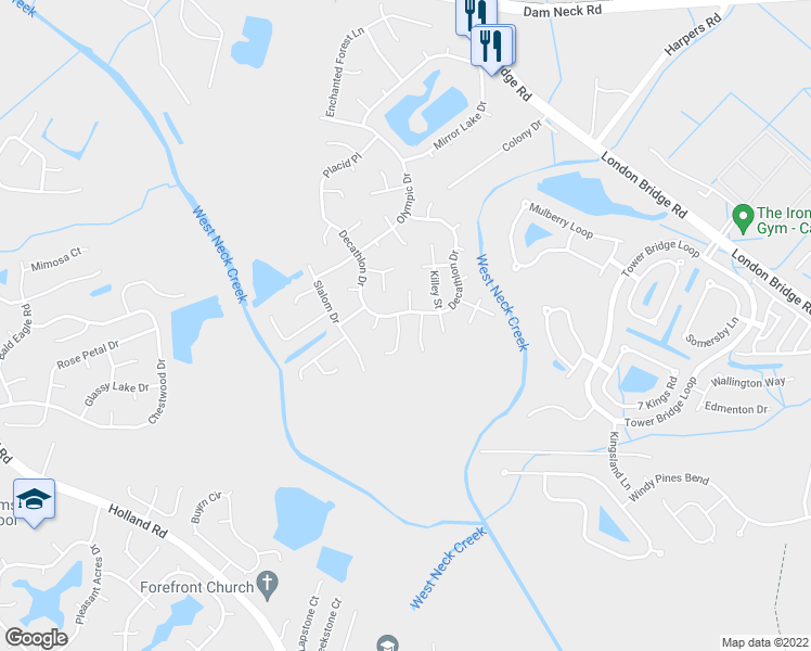 map of restaurants, bars, coffee shops, grocery stores, and more near 1904 Severance Court in Virginia Beach