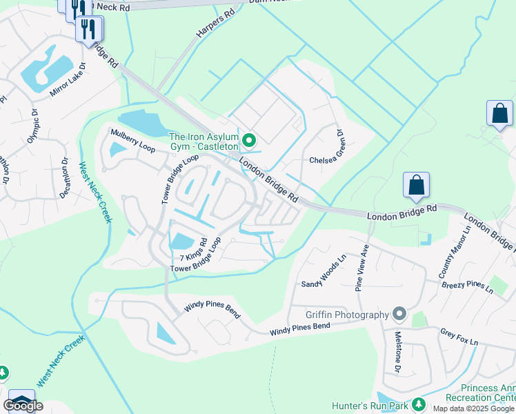 map of restaurants, bars, coffee shops, grocery stores, and more near 2348 Covent Garden Road in Virginia Beach