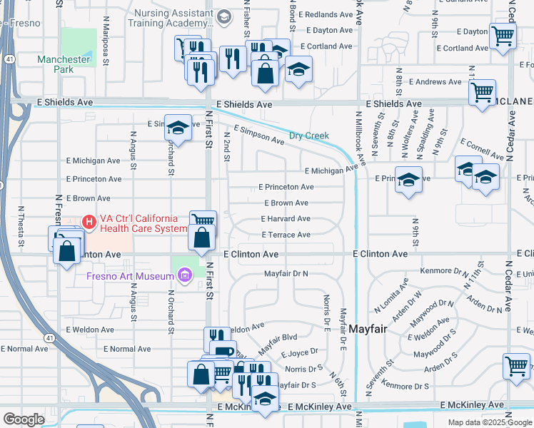 map of restaurants, bars, coffee shops, grocery stores, and more near 3341 East Harvard Avenue in Fresno