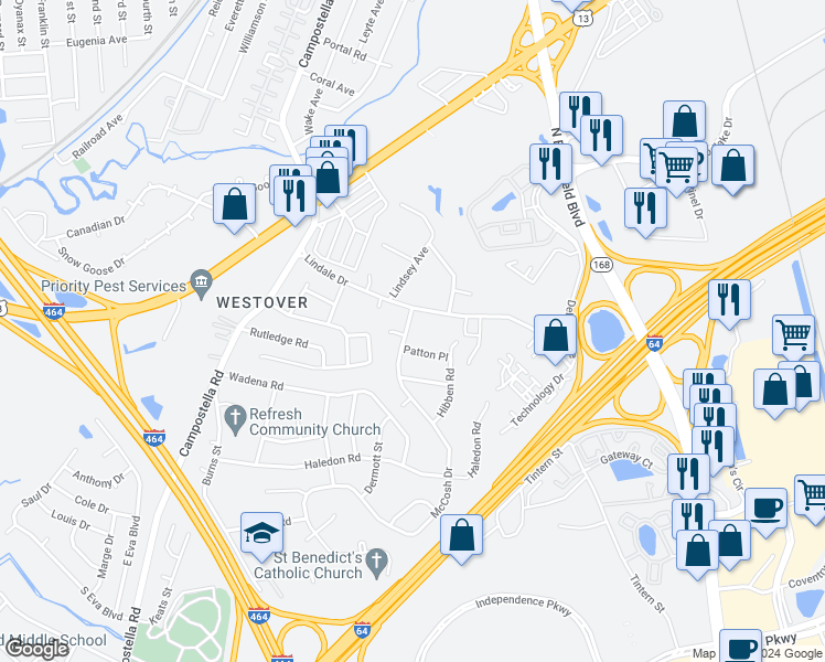 map of restaurants, bars, coffee shops, grocery stores, and more near 104 McCosh Drive in Chesapeake