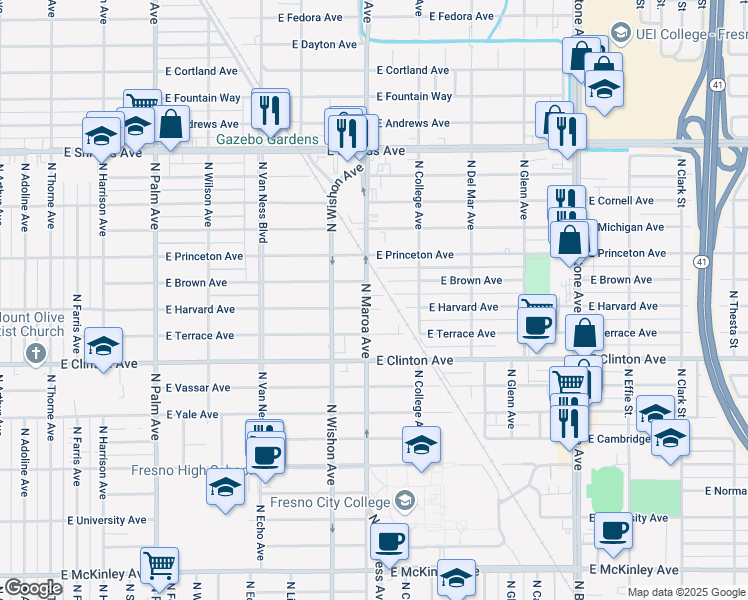 map of restaurants, bars, coffee shops, grocery stores, and more near 2560 North Maroa Avenue in Fresno