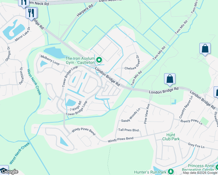map of restaurants, bars, coffee shops, grocery stores, and more near 1844 Riddlesworth Drive in Virginia Beach