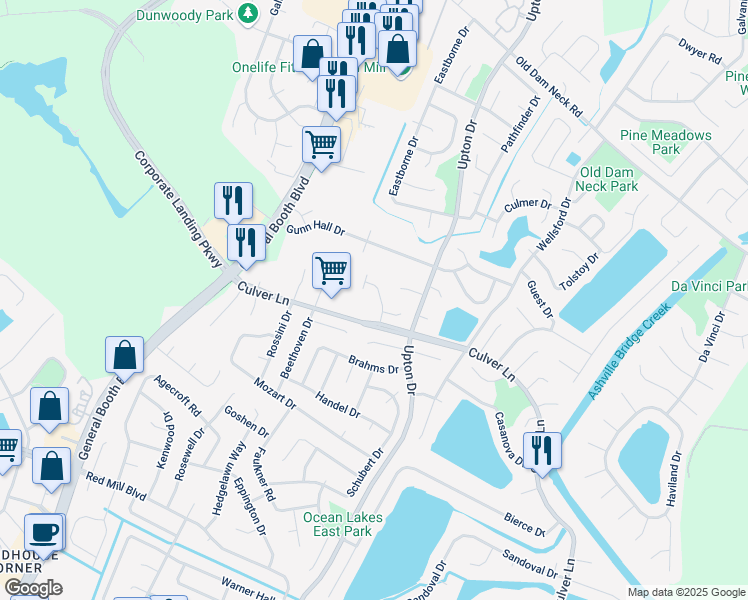 map of restaurants, bars, coffee shops, grocery stores, and more near 1150 Culver Lane in Virginia Beach