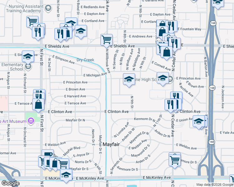 map of restaurants, bars, coffee shops, grocery stores, and more near 3826 East Harvard Avenue in Fresno