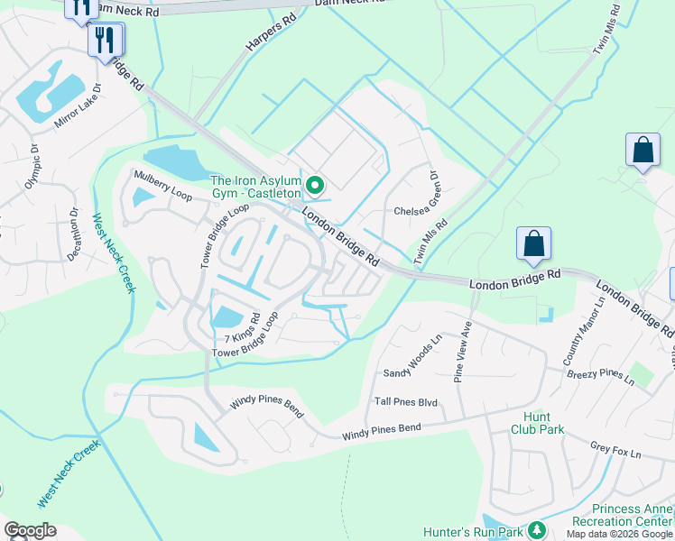 map of restaurants, bars, coffee shops, grocery stores, and more near 1844 Riddlesworth Drive in Virginia Beach