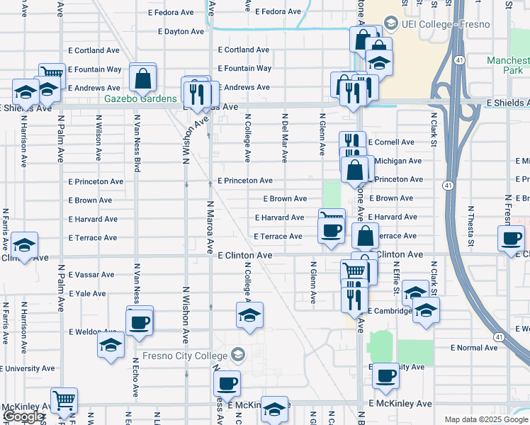 map of restaurants, bars, coffee shops, grocery stores, and more near 1214 East Harvard Avenue in Fresno