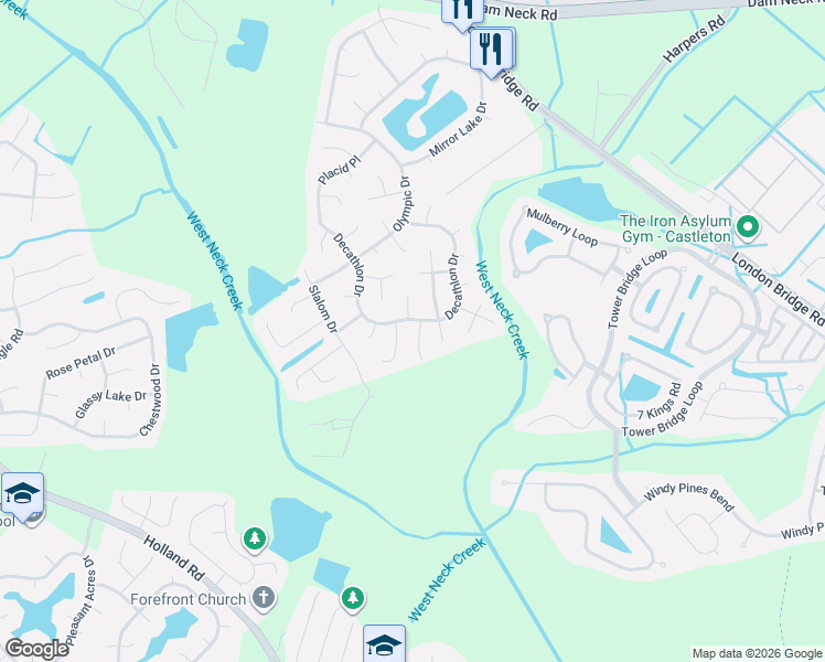 map of restaurants, bars, coffee shops, grocery stores, and more near 1909 Dannemora Drive in Virginia Beach
