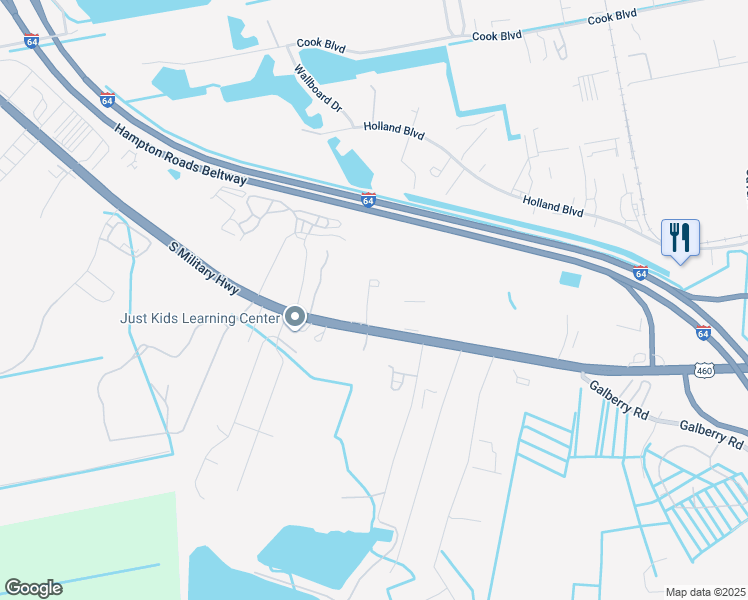 map of restaurants, bars, coffee shops, grocery stores, and more near 3945 South Military Highway in Chesapeake