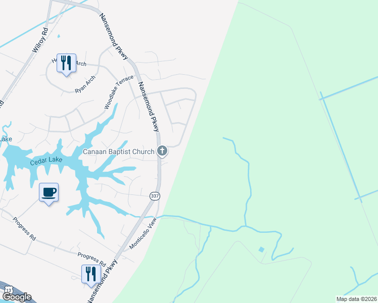 map of restaurants, bars, coffee shops, grocery stores, and more near 2410 Cherry Blossom Drive in Suffolk
