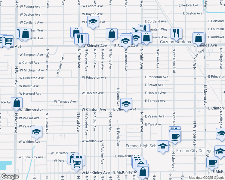 map of restaurants, bars, coffee shops, grocery stores, and more near 35 East Harvard Avenue in Fresno