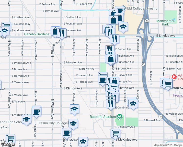 map of restaurants, bars, coffee shops, grocery stores, and more near 1331 East Harvard Avenue in Fresno