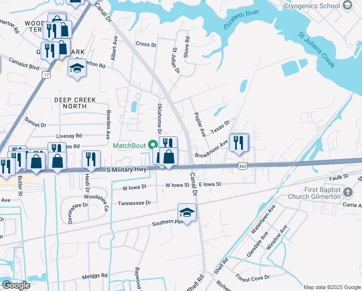 map of restaurants, bars, coffee shops, grocery stores, and more near 2104 Broadmoor Avenue in Chesapeake