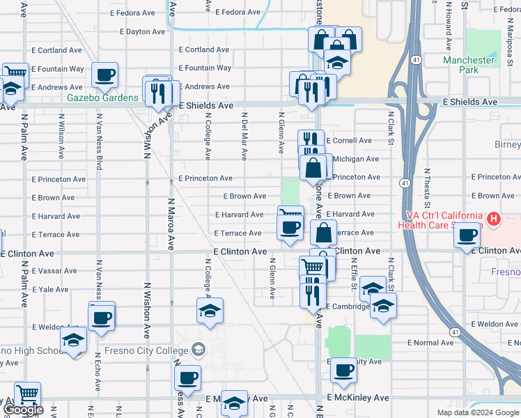 map of restaurants, bars, coffee shops, grocery stores, and more near 1331 East Harvard Avenue in Fresno