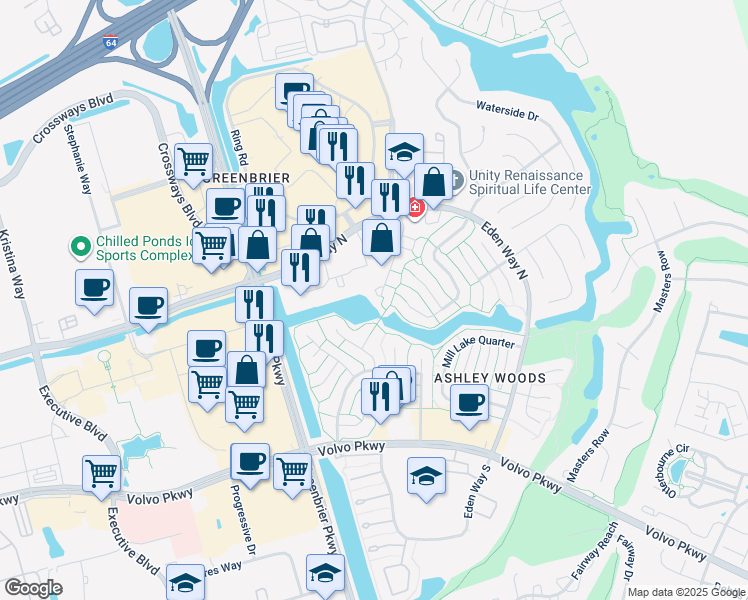 map of restaurants, bars, coffee shops, grocery stores, and more near 1302 River Birch Run South in Chesapeake